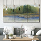 Three-panel canvas wall art featuring riverbank landscape with trees, displayed in a modern living room above seating.
