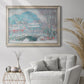 Impressionist coastal village landscape in Norway by Claude Monet in an ornate champagne frame displayed in a bright interior setting.