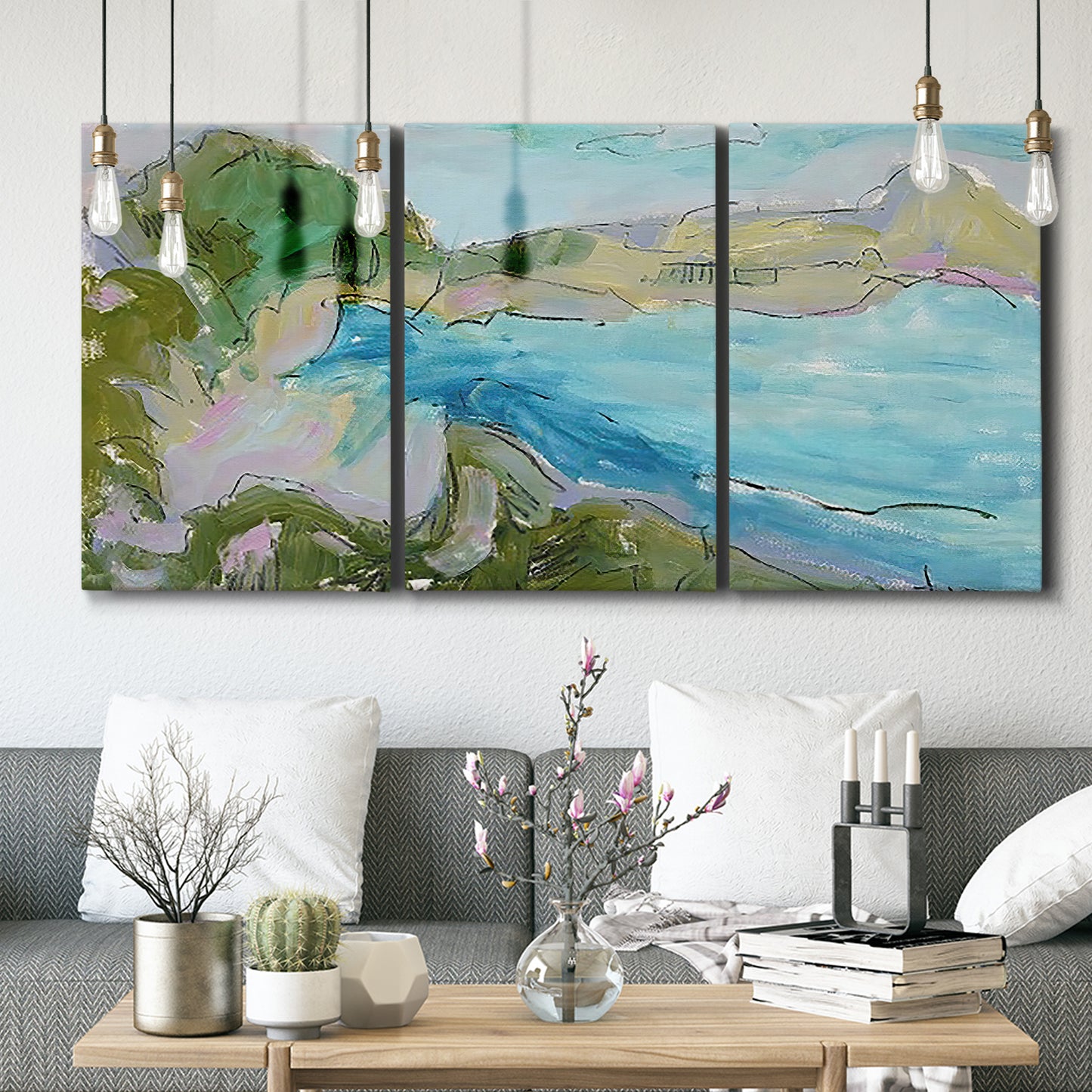 Three-panel canvas wall art featuring open landscape with landing strip, displayed in a modern living room above seating.