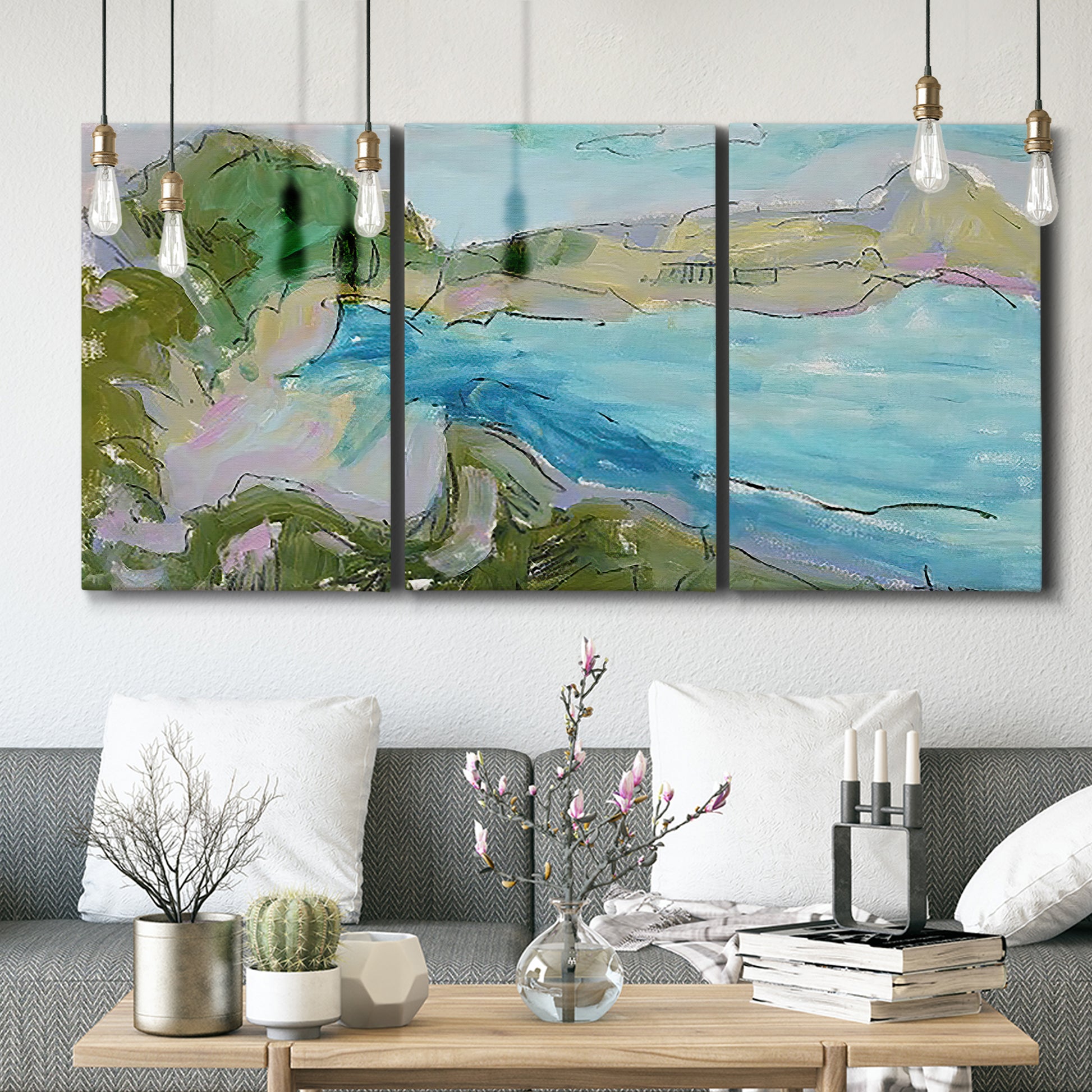 Three-panel canvas wall art featuring open landscape with landing strip, displayed in a modern living room above seating.