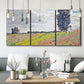 Three-panel canvas wall art featuring open poppy field in countryside, displayed in a modern living room above seating.