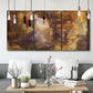 Three-panel canvas wall art featuring abstract architectural landscape, displayed in a modern living room above seating.