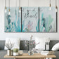 Three-panel canvas wall art featuring coastal typography with seahorses, displayed in a modern living room above seating.