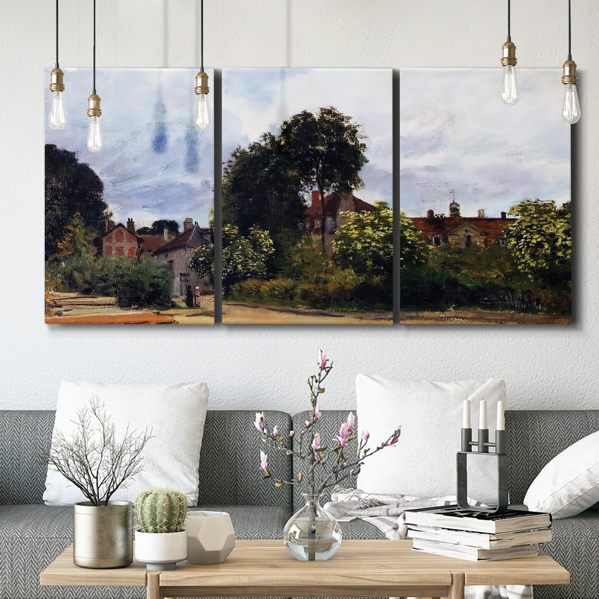 Three-panel canvas wall art featuring garden corner with flowering trees, displayed in a modern living room above seating.