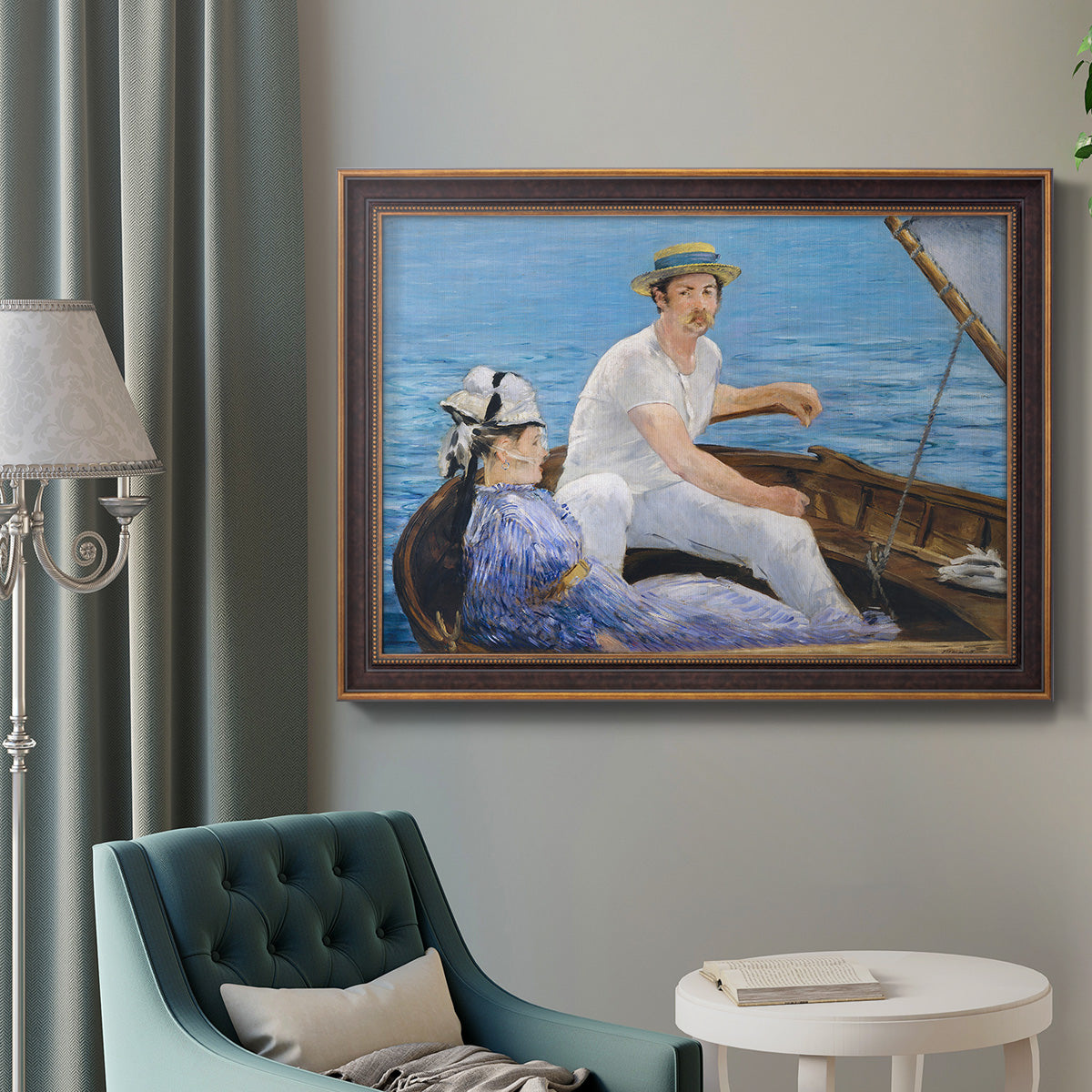 Impressionist leisure boating scene by Édouard Manet in an ornate bronzed mahogany wood frame displayed in a bright interior setting.
