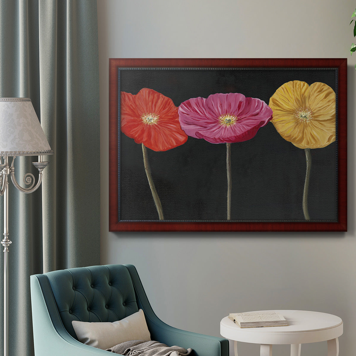 Contemporary poppy flower artwork in an ornate cherry burl wood frame displayed in a neutral interior setting.