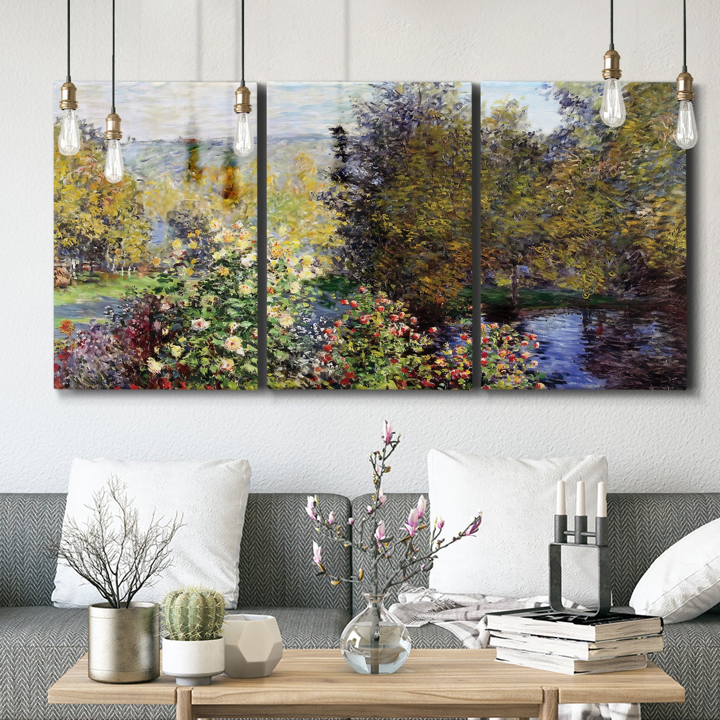 Three-panel canvas wall art featuring garden corner with flowering trees, displayed in a modern living room above seating.