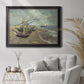 Impressionist coastal fishing boats scene by Vincent van Gogh in an ornate black frame with gilded inner detail displayed in a bright interior setting.