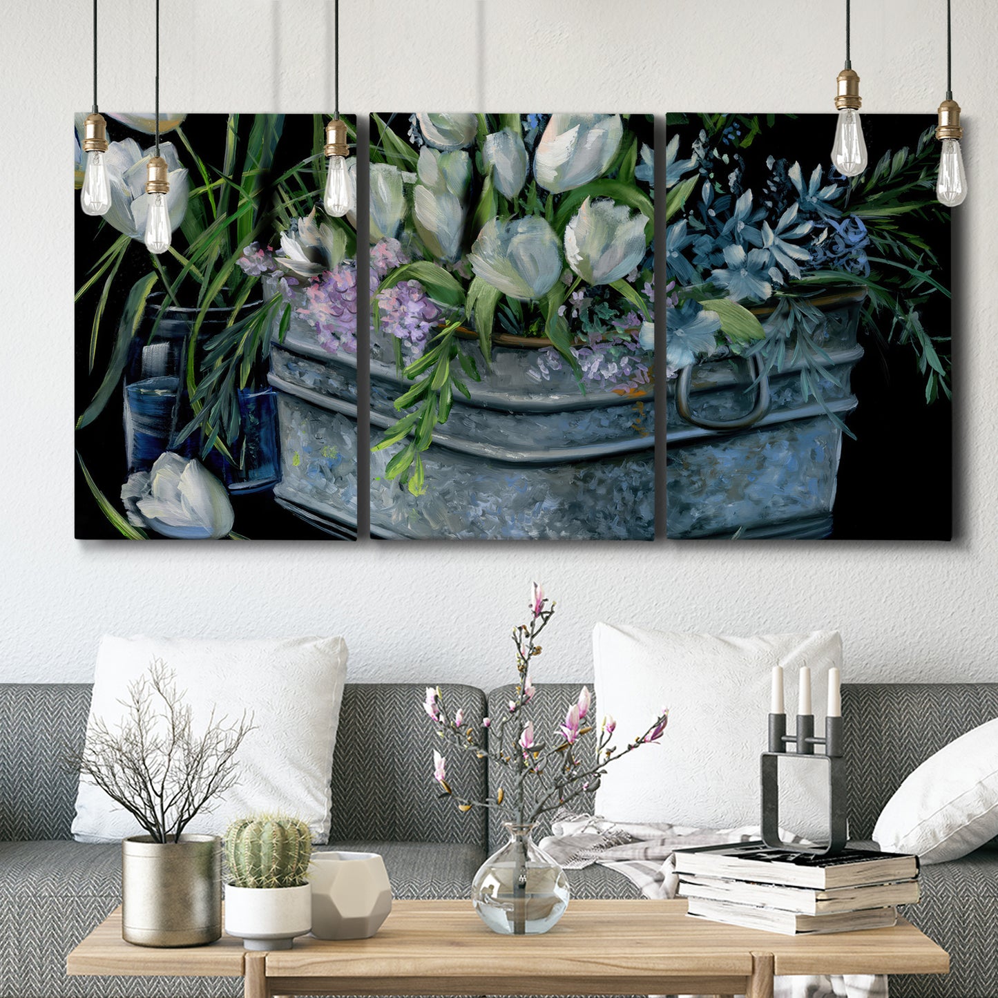 Three-panel canvas wall art featuring colorful wild tulips in bloom, displayed in a modern living room above seating.