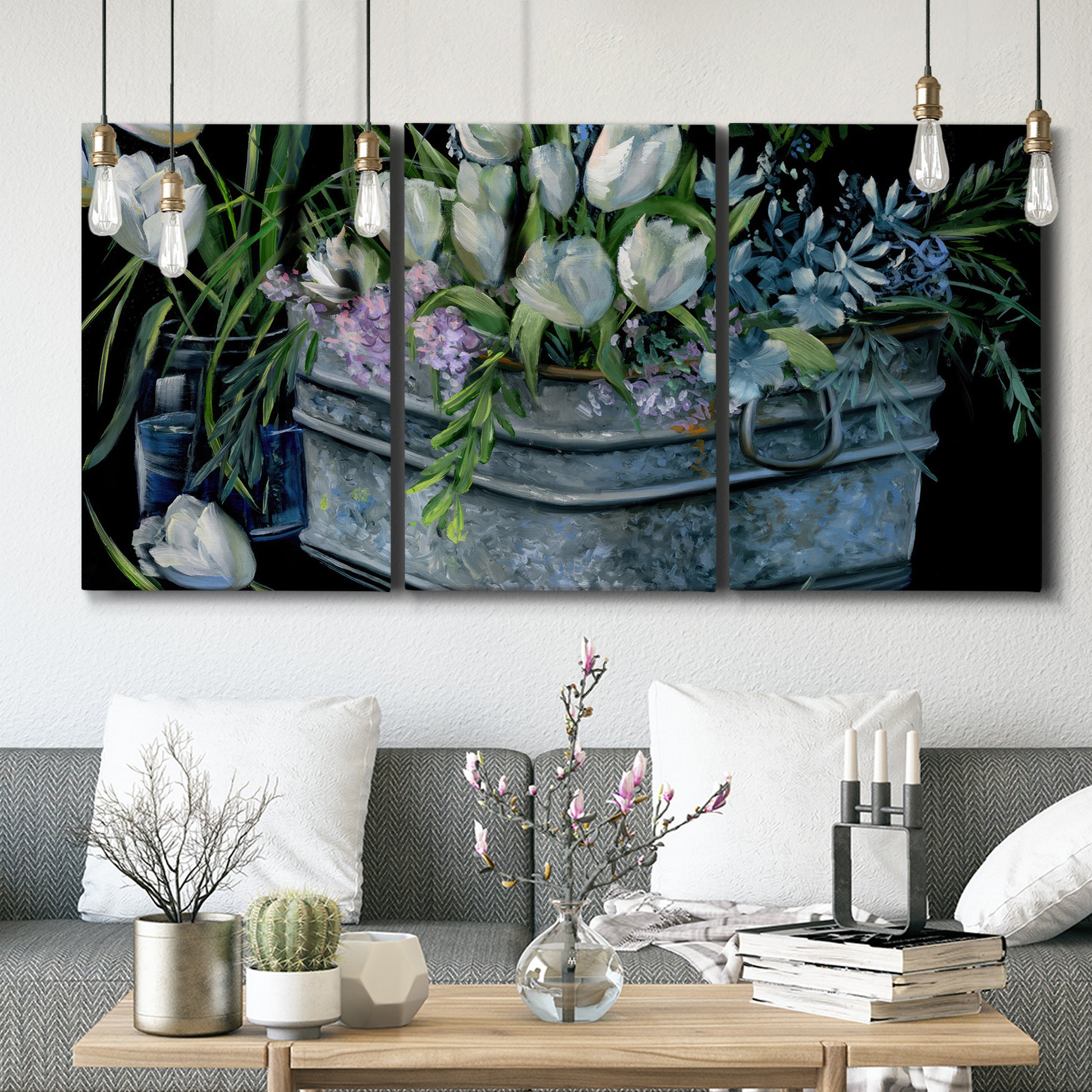 Three-panel canvas wall art featuring colorful wild tulips in bloom, displayed in a modern living room above seating.