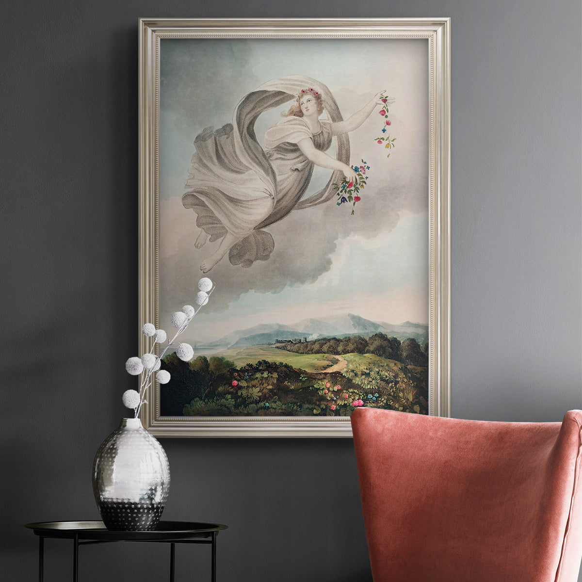 Classical allegorical depiction of the goddess Flora by Robert John Thornton in an ornate champagne frame displayed in a dark-toned interior setting.