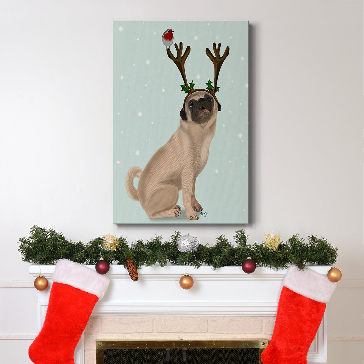 Christmas Pug with Antlers and Robin - Gallery Wrapped Canvas