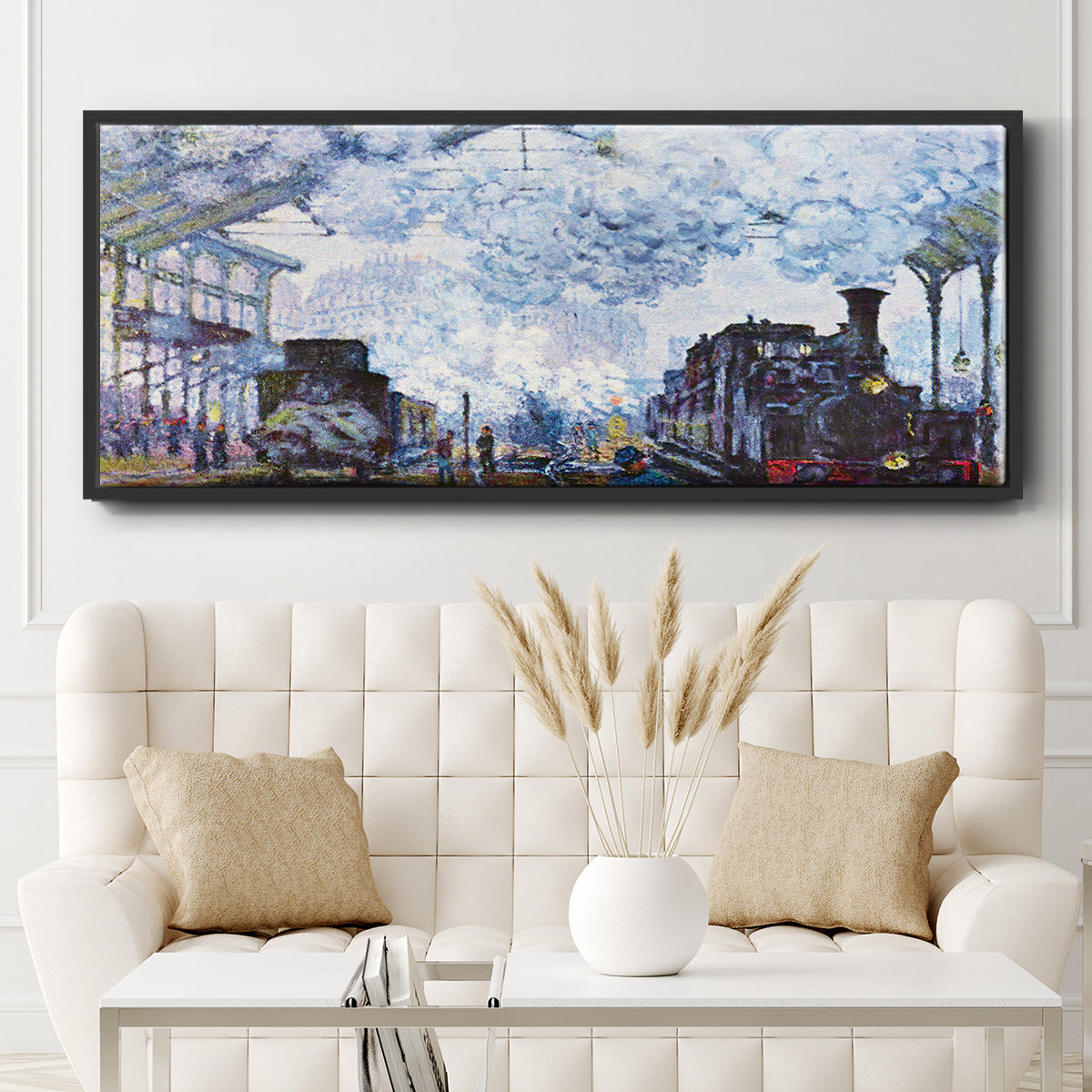 Saint Lazare Station in Paris, Arrival of a Train - Floater Framed Canvas Print