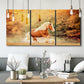 Three-panel canvas wall art featuring running horses captured in motion, displayed in a modern living room above seating.