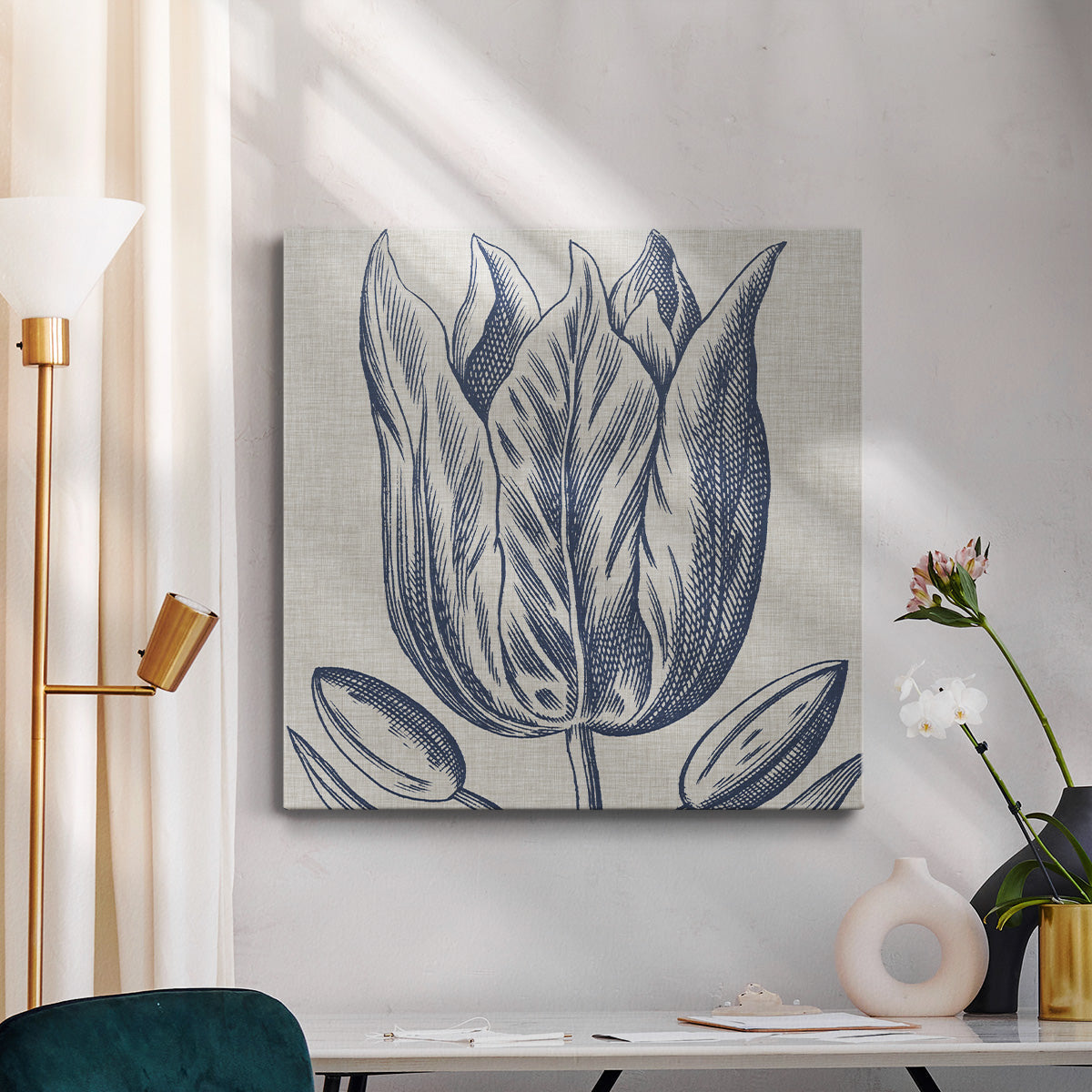 Indigo Floral on Linen VI - Canvas Art Print