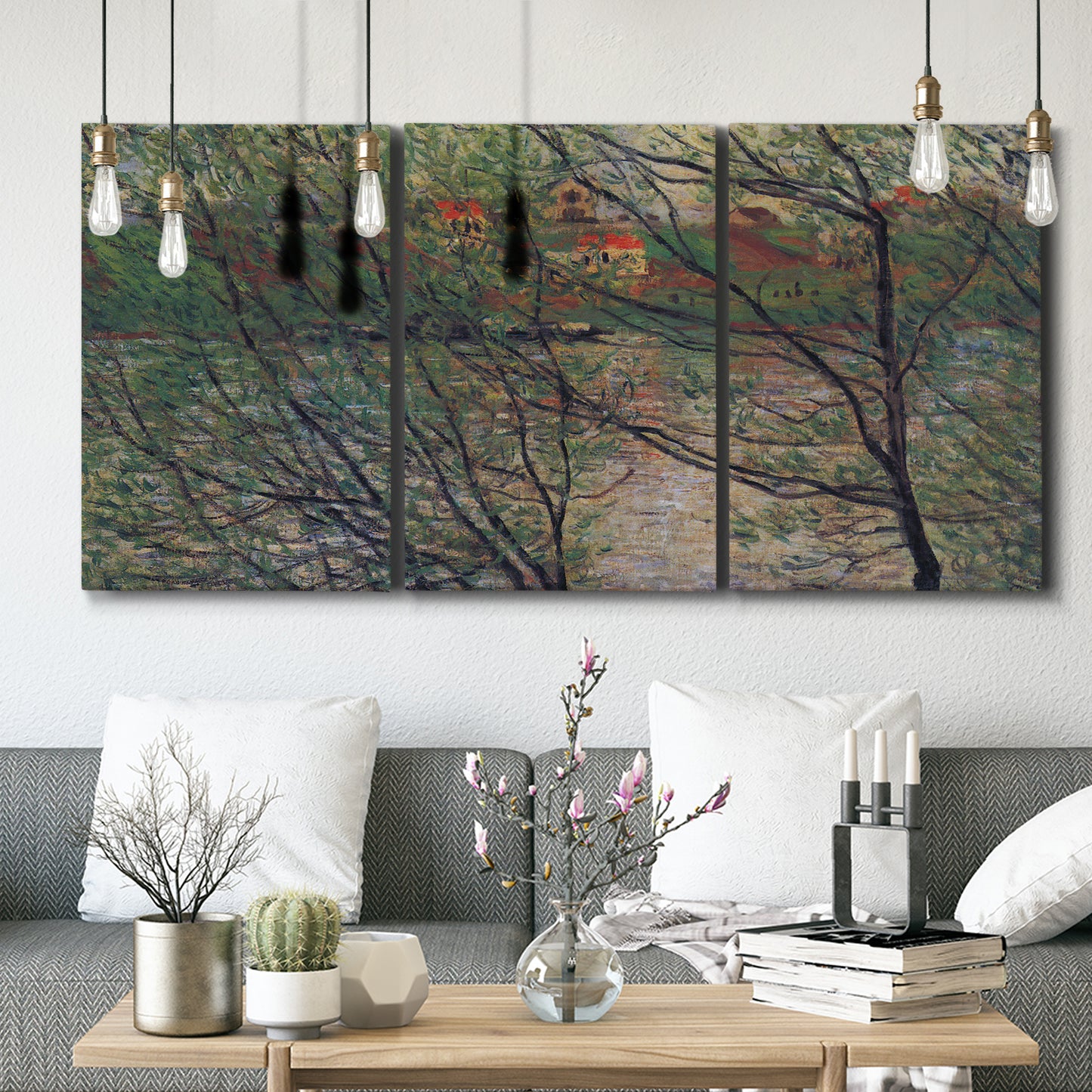 Three-panel canvas wall art featuring spring countryside with fresh foliage, displayed in a modern living room above seating.