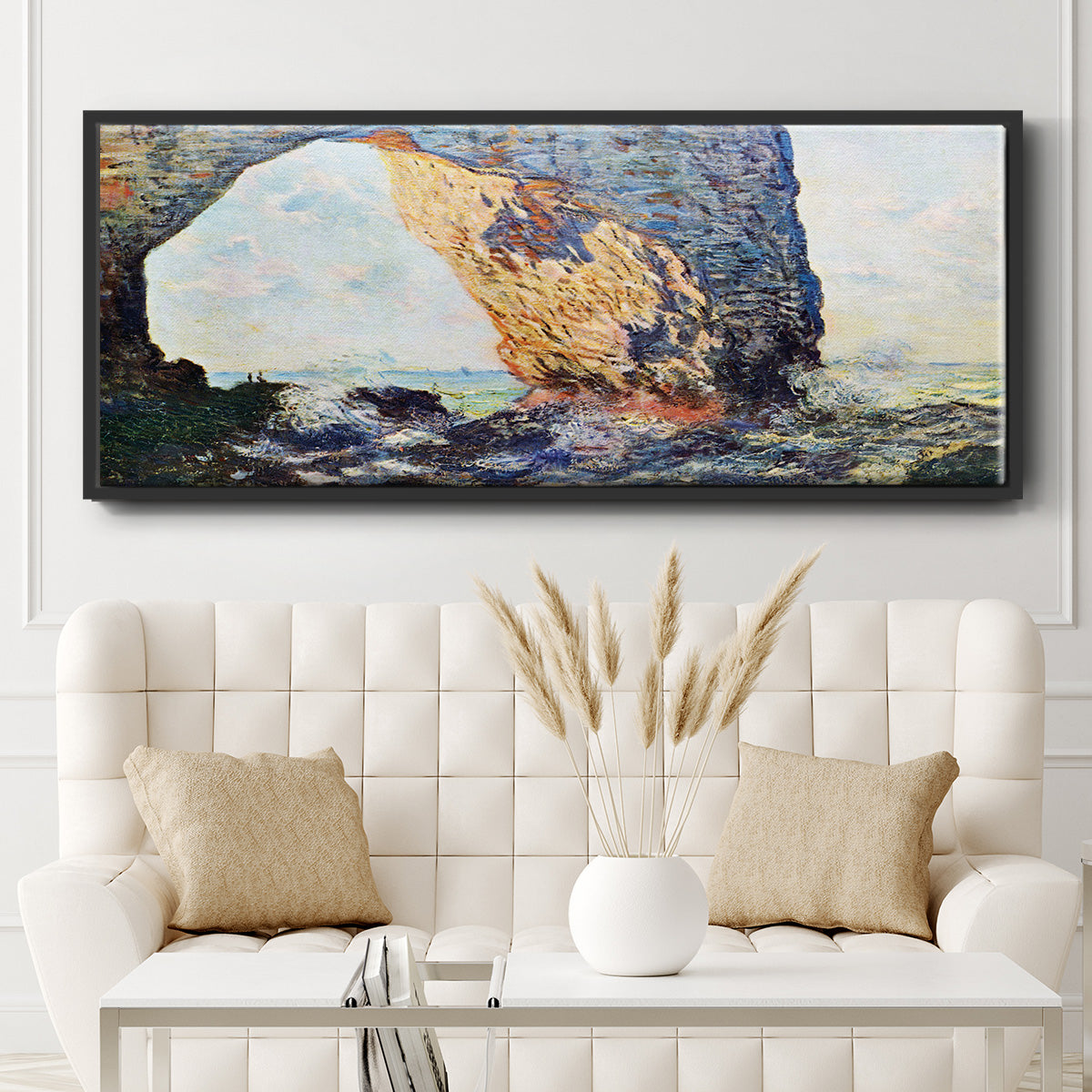 The rocky cliffs of Ã‰tretat (La Porte man) [1] by Monet - Floater Framed Canvas Print
