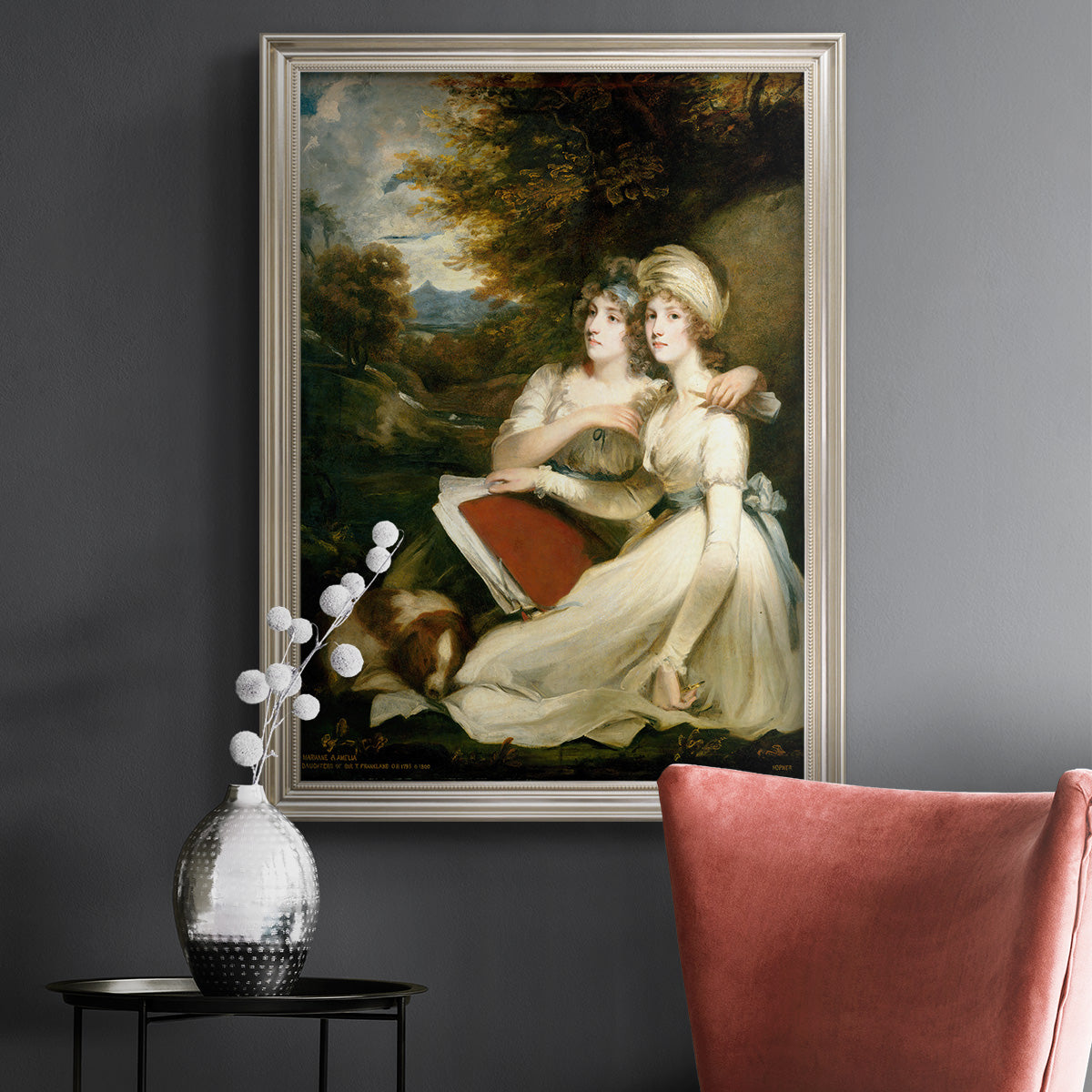 Classical portrait of the Frankland sisters by John Hoppner in an ornate champagne frame displayed in a dark-toned interior setting.