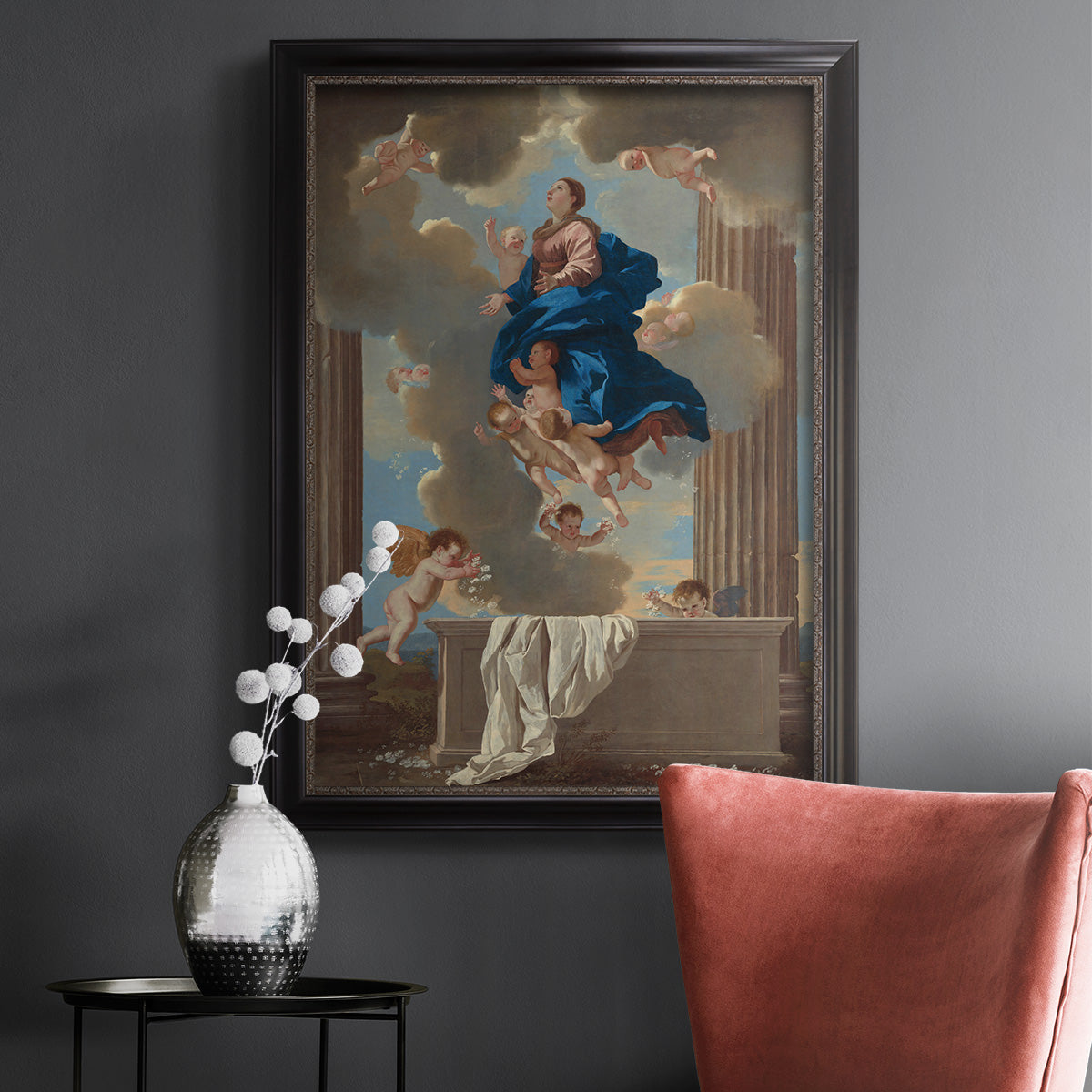 Classical religious depiction of the Assumption of the Virgin by Nicolas Poussin in an ornate black frame with gilded inner detail displayed in a dark-toned interior setting.