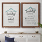 Set of two maple barnwood framed canvas prints depicting a coordinated art pair of humorous laundry-room sayings and clothing icons rendered as rustic typographic wall art above a dining room sideboard.