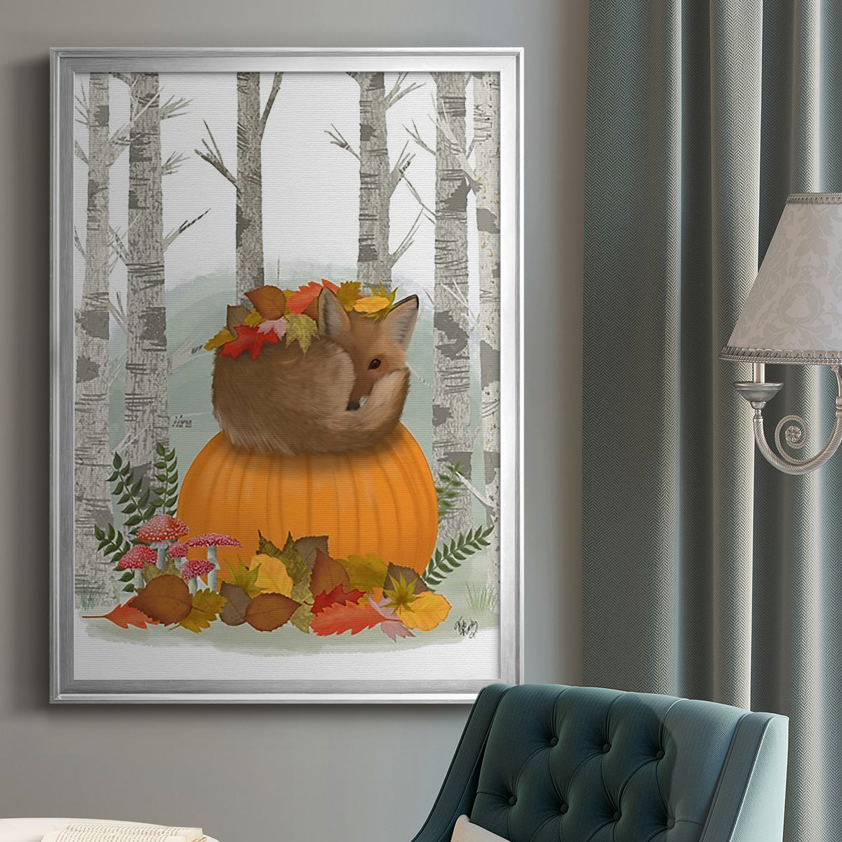 Fox Curled on Pumpkin - Modern Framed Canvas Print