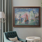 Impressionist harbor scene by Paul Signac in an ornate bronzed mahogany wood frame displayed in a bright interior setting.