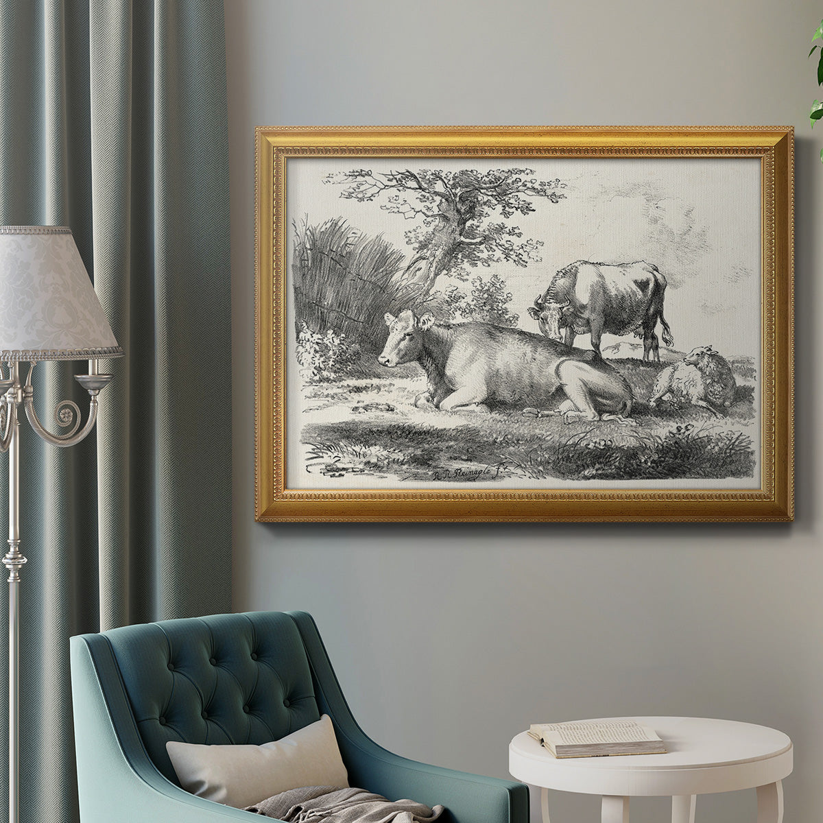 Classical pastoral landscape artwork by Nicolas Berchem in an ornate antique gold frame displayed in a neutral interior setting.