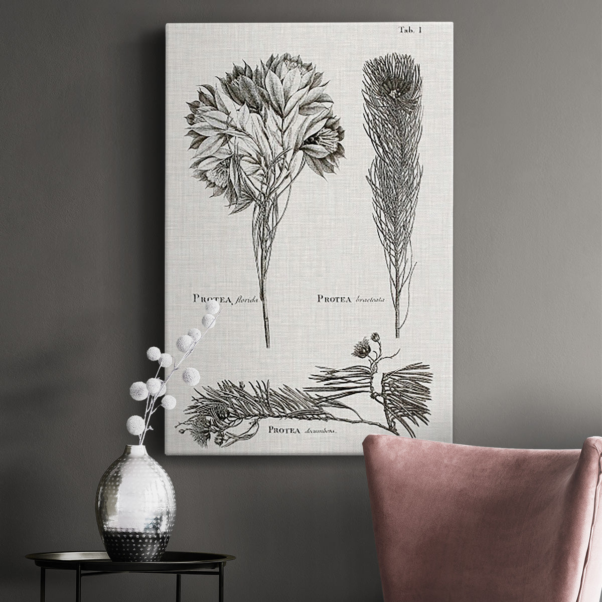 Black & White Protea on Linen I Premium Gallery Wrapped Canvas - Ready to Hang