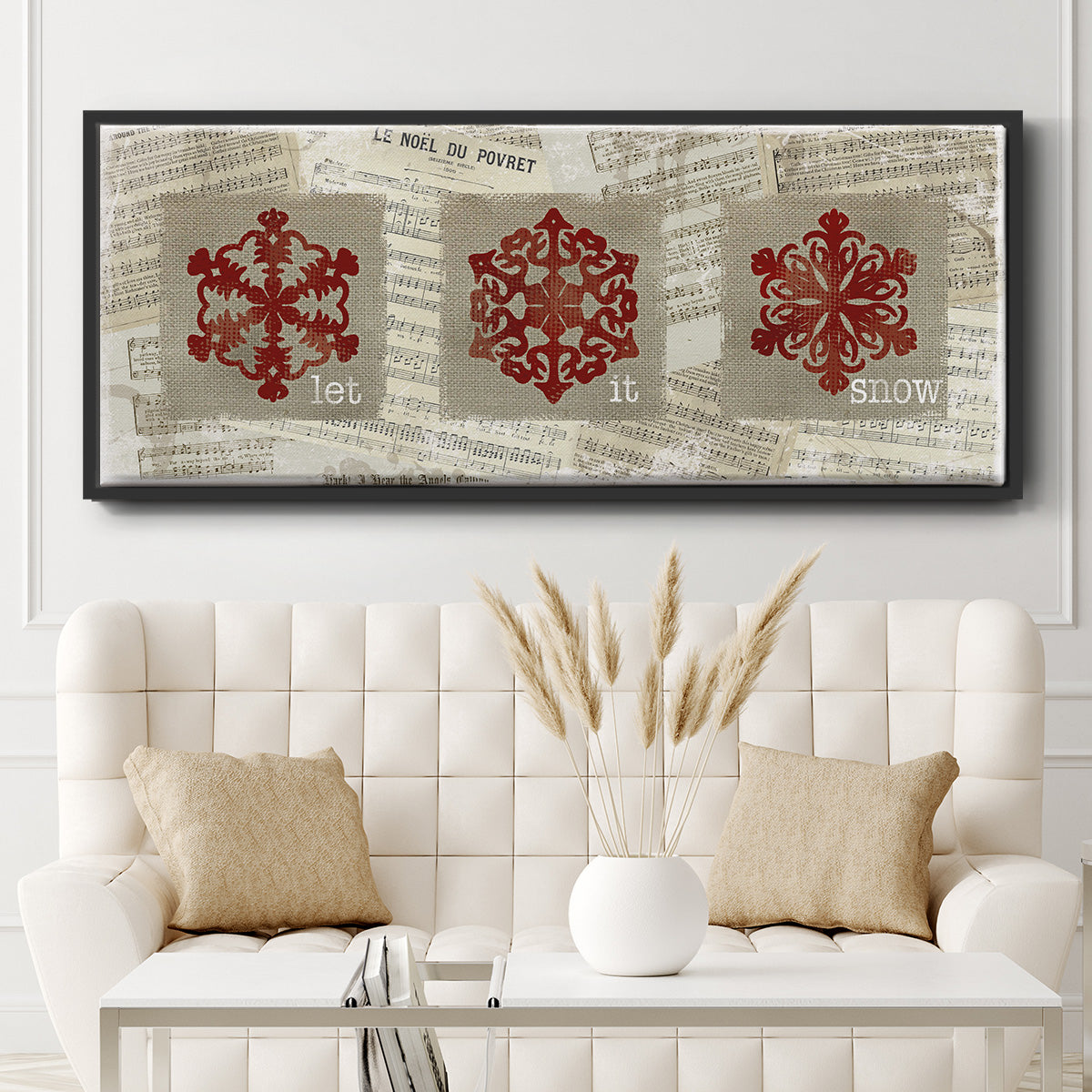 Burlap Music Snowflakes - Floater Framed Canvas Print