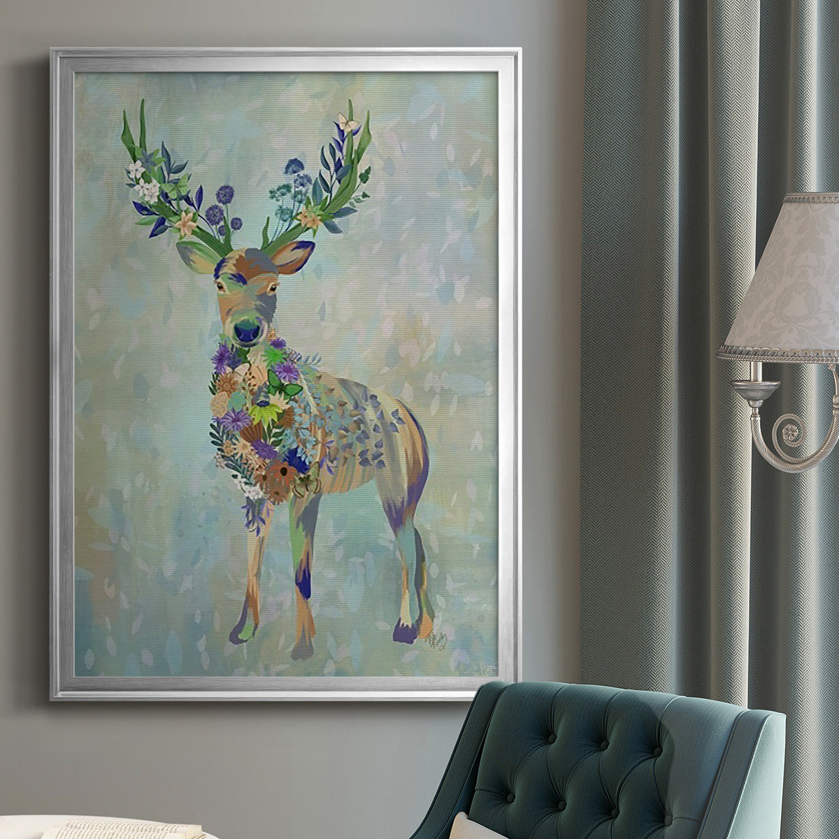 Fantastic Florals Deer, Full - Modern Framed Canvas Print