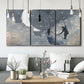 Three-panel canvas wall art featuring surreal celestial romantic scene, displayed in a modern living room above seating.