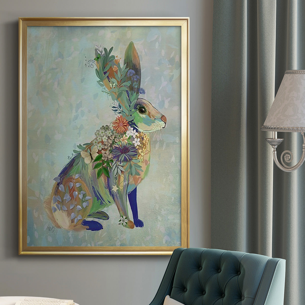 Fantastic Florals Hare, Sitting - Modern Framed Canvas Print