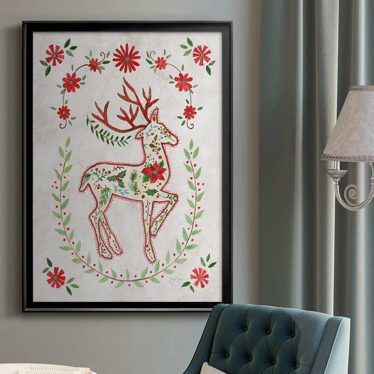 Christmas Folk Reindeer - Modern Framed Canvas Print