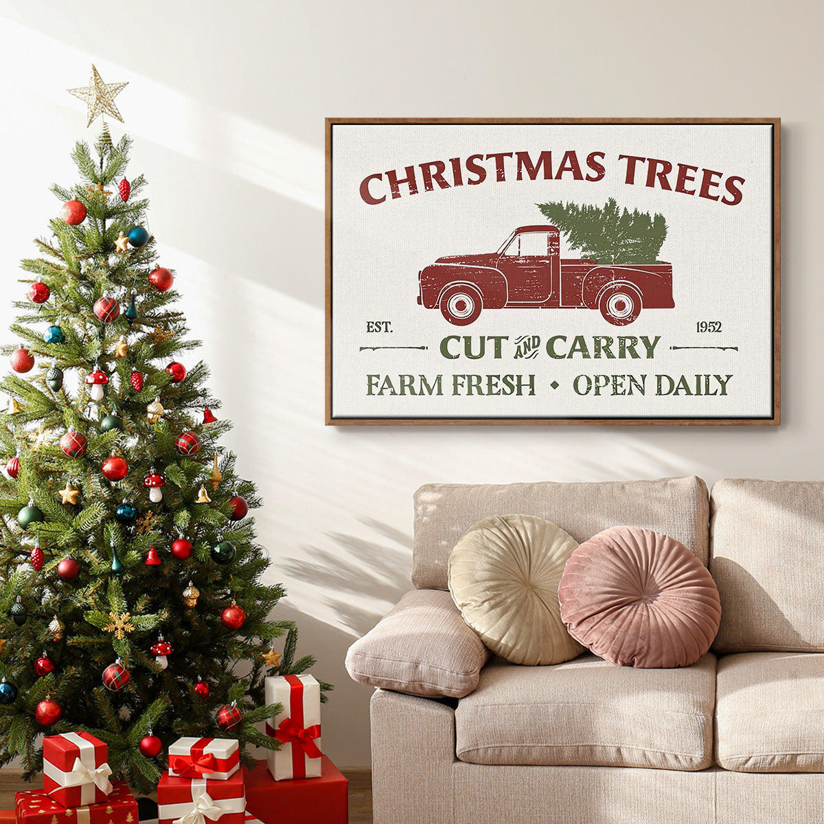 Christmas Farm Sign Collection A - Framed Gallery Wrapped Canvas in Floating Frame