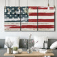 Three-panel canvas wall art featuring rustic american flag country style, displayed in a modern living room above seating.