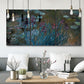 Three-panel canvas wall art featuring water lilies on reflective pond, displayed in a modern living room above seating.