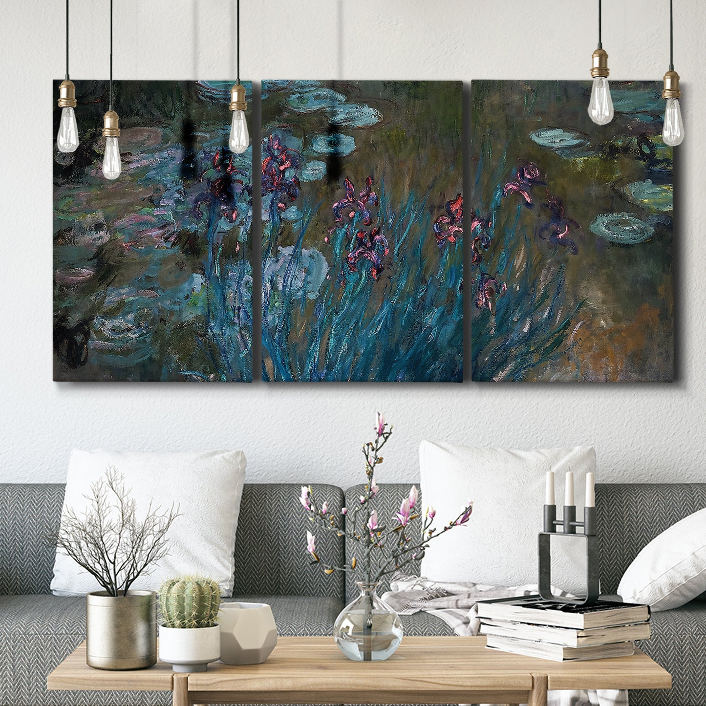 Three-panel canvas wall art featuring water lilies on reflective pond, displayed in a modern living room above seating.
