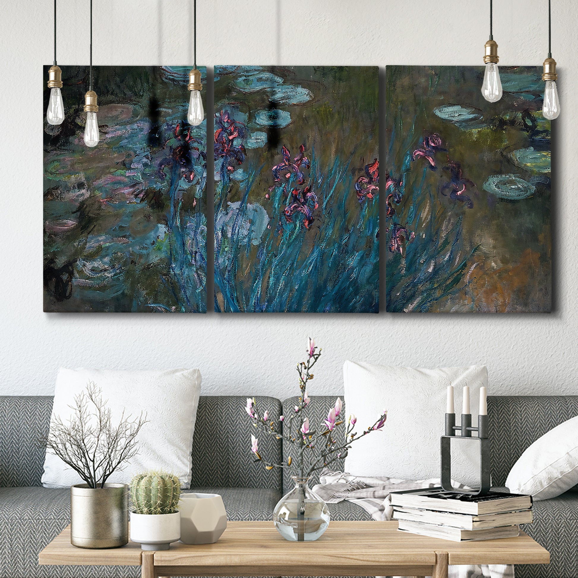 Three-panel canvas wall art featuring water lilies on reflective pond, displayed in a modern living room above seating.