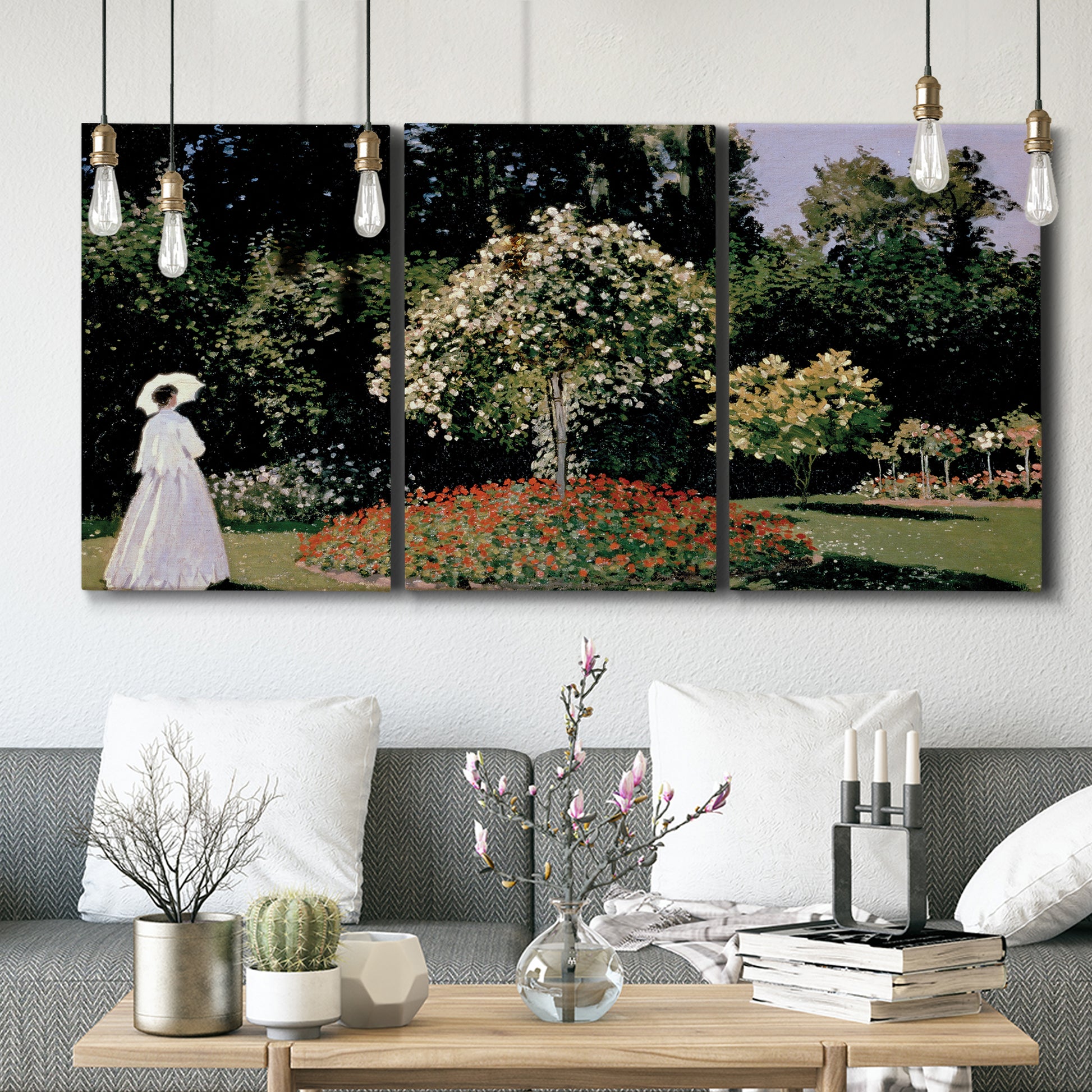 Three-panel canvas wall art featuring woman seated in garden landscape, displayed in a modern living room above seating.