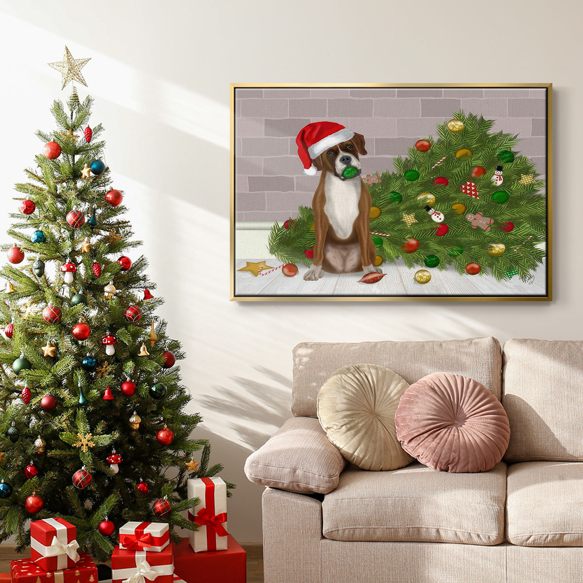 Christmas Boxer and Broken Christmas Tree - Framed Gallery Wrapped Canvas in Floating Frame