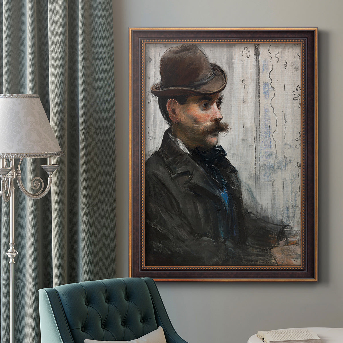 Impressionist portrait of a seated man by Édouard Manet in an ornate bronzed mahogany wood frame displayed in a dark-toned interior setting.