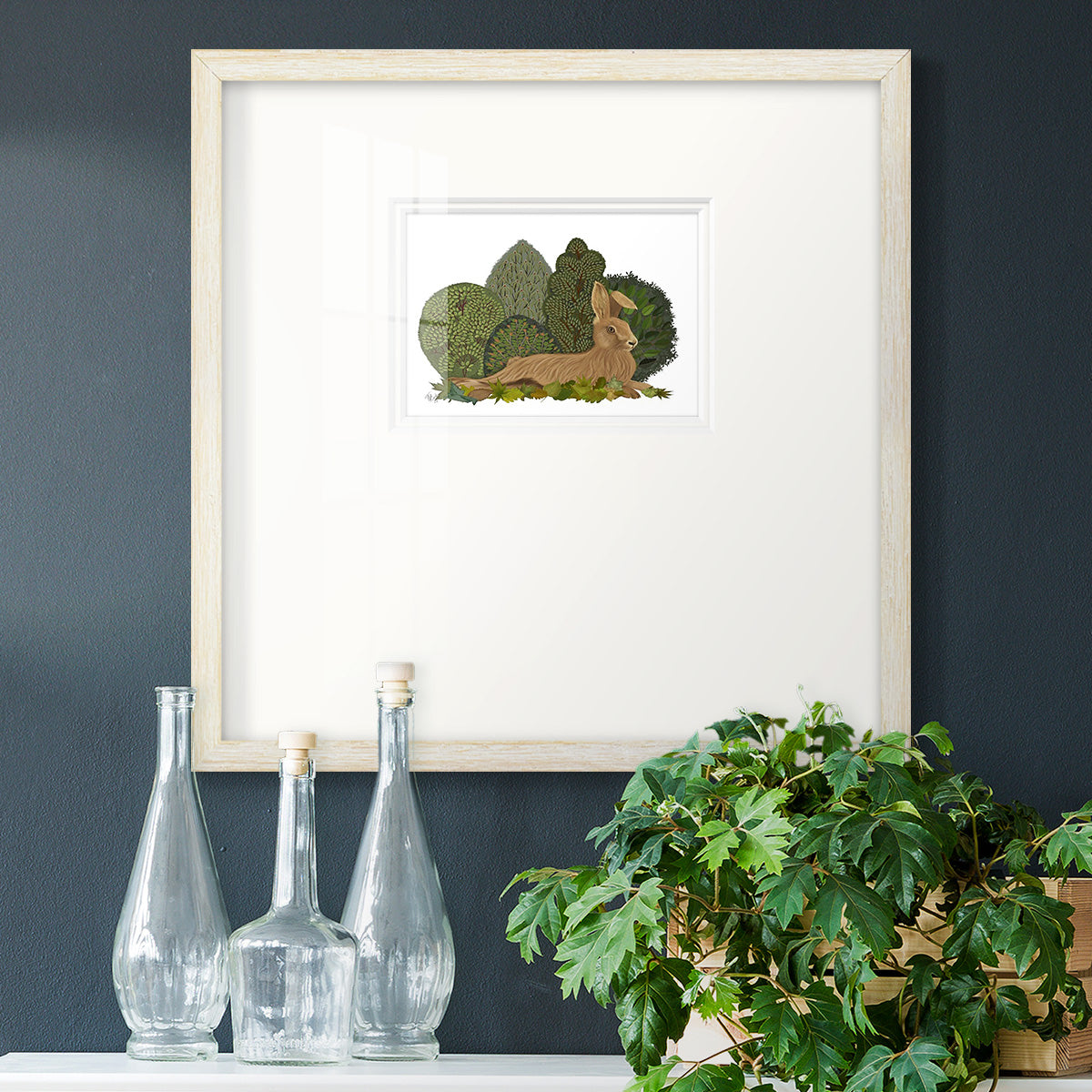 Hare Reclining in Leaves Premium Framed Print Double Matboard