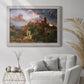 Romantic allegorical landscape painting by Jasper Francis Cropsey in an ornate weathered white frame displayed in a bright interior setting.