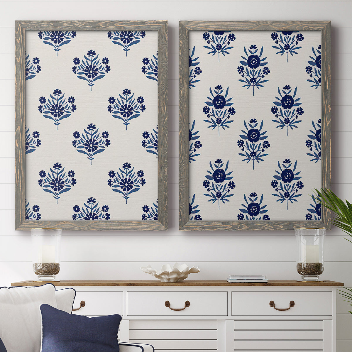 Indigo Bloom Pattern I - Premium Framed Canvas 2 Piece Set - Ready to Hang