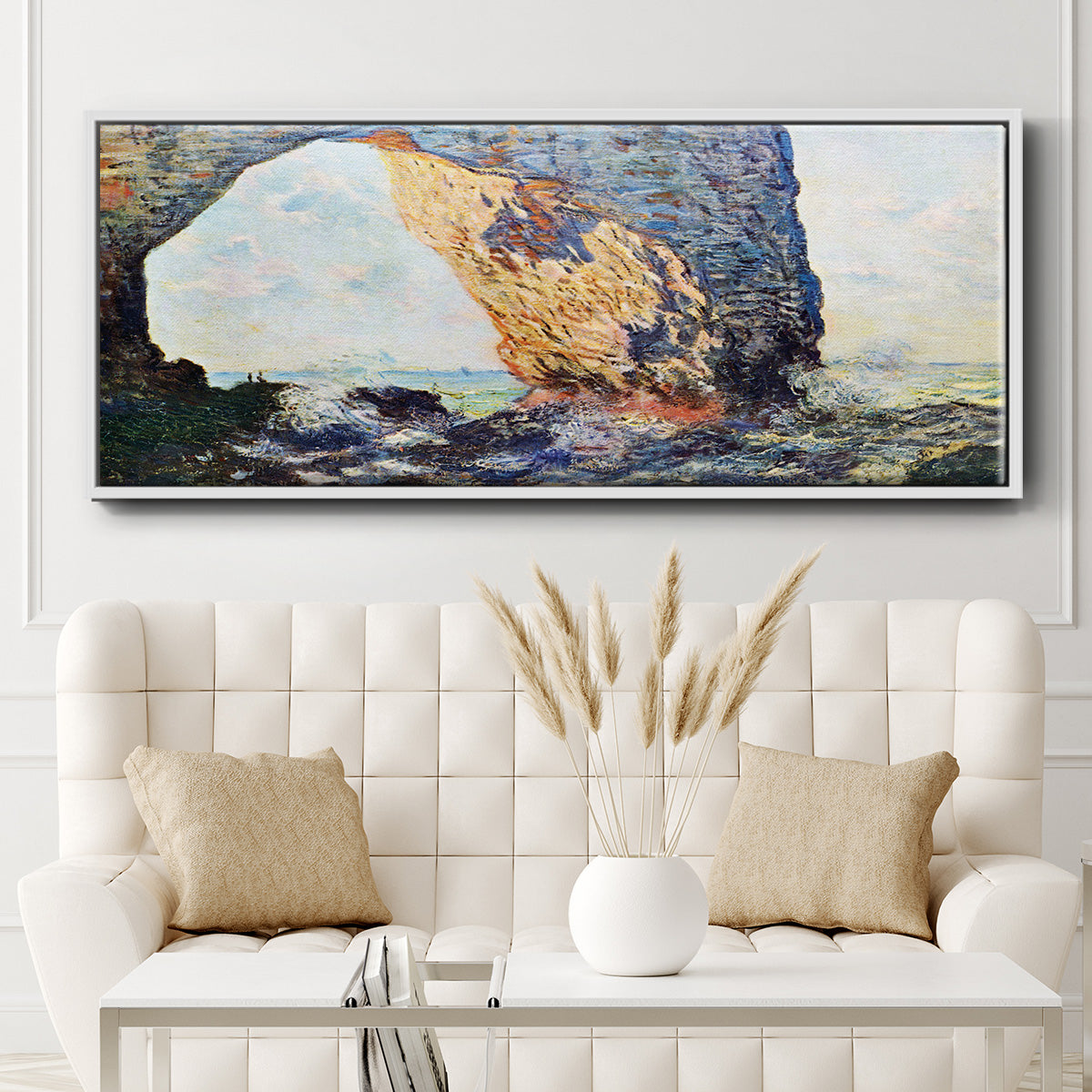 The rocky cliffs of Ã‰tretat (La Porte man) [1] by Monet - Floater Framed Canvas Print