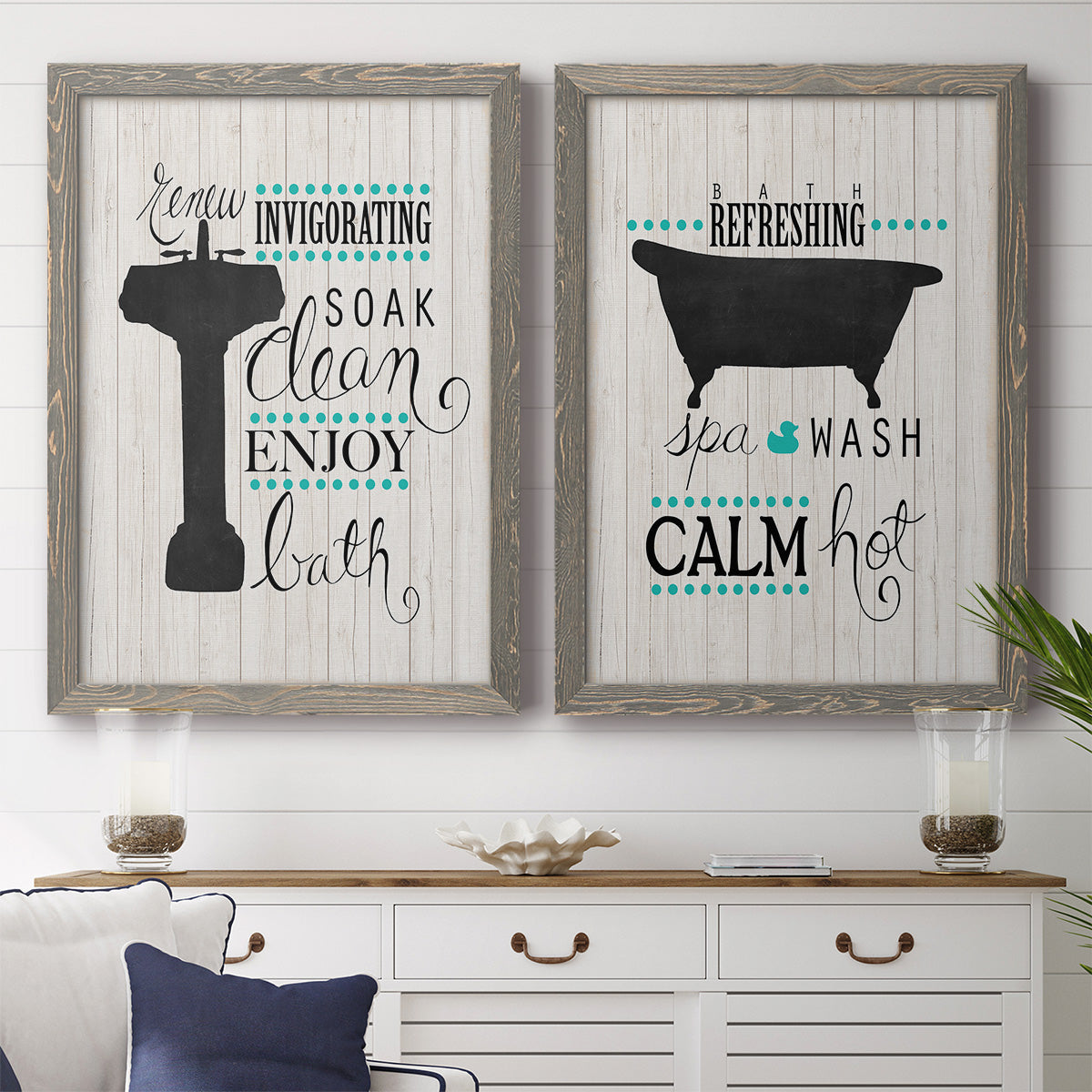 Set of two gray barnwood framed canvas prints depicting a coordinated art pair of playful bathtub silhouettes and bath-themed typography rendered as graphic bathroom word art above a dining room sideboard.