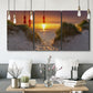 Three-panel canvas wall art featuring sunlit tropical path through greenery, displayed in a modern living room above seating.