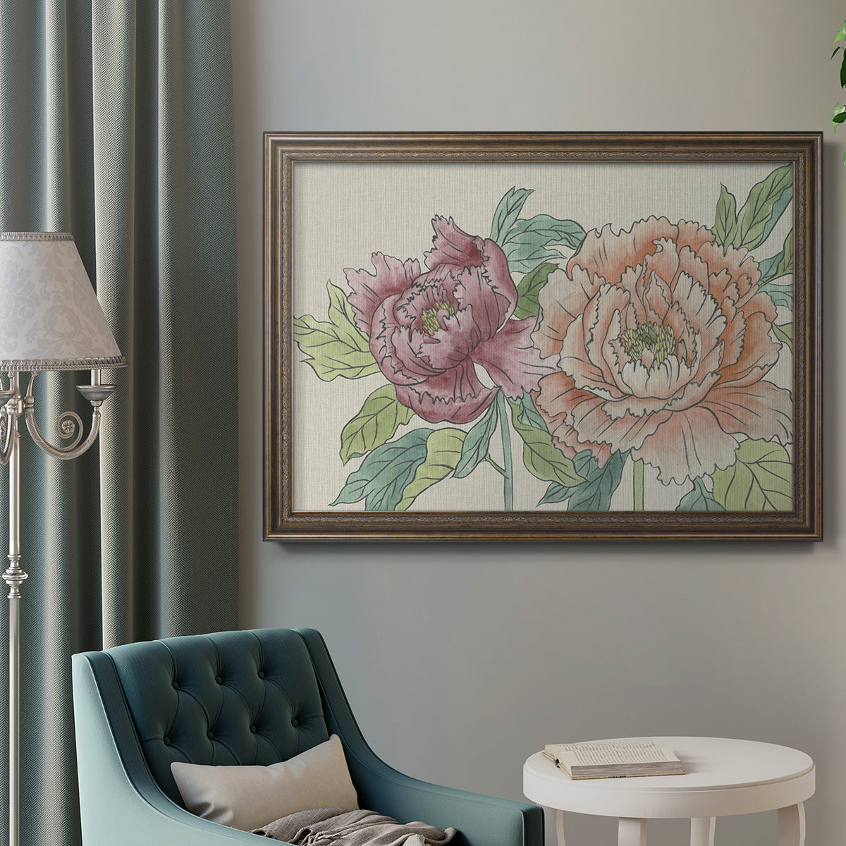 Modern peony floral drawing in an ornate traditional bronze frame displayed in a neutral interior setting.