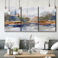 Three-panel canvas wall art featuring layered abstract mountain forms, displayed in a modern living room above seating.