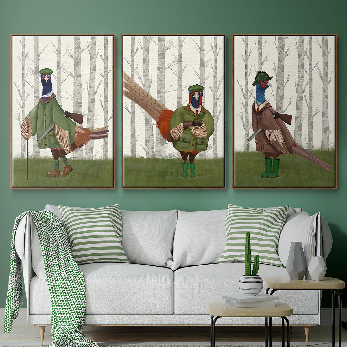 Pheasant Shooting Party 5 - Framed Premium Gallery Wrapped Canvas L Frame 3 Piece Set - Ready to Hang